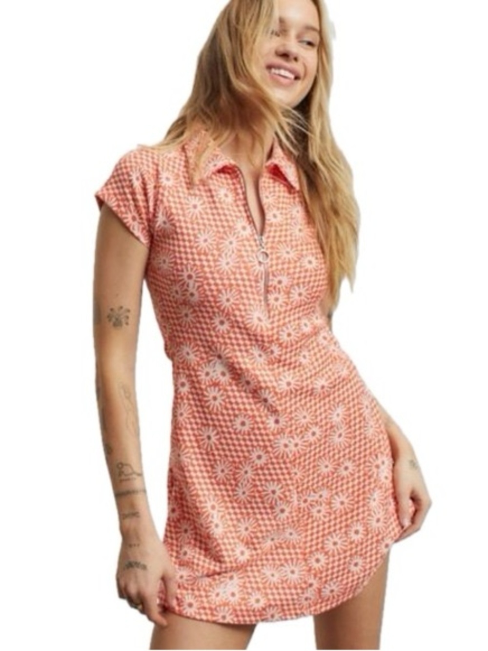 Urban Outfitters arlo daisy checkered mini dress flowers zipper groovy collar